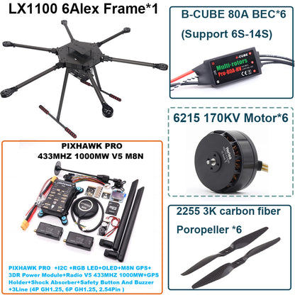 LX1100  PRO M8N Full Carbon Fiber 1100mm Hexa-Rotor Frame B-CUBE 80A ESC PX4 Pixhawk Flight Control Set 6215 Motor