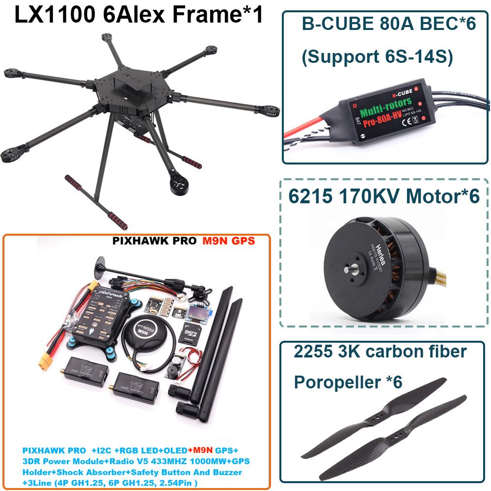 LX1100 PRO M9N Full Carbon Fiber 1100mm Hexa-Rotor Frame B-CUBE 80A ESC PX4 Pixhawk Flight Control Set 6215 Motor