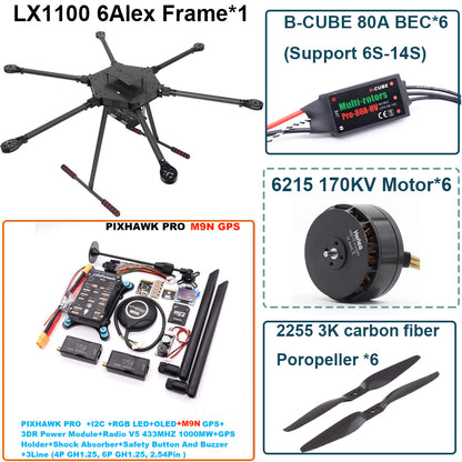 LX1100 PRO M9N Full Carbon Fiber 1100mm Hexa-Rotor Frame B-CUBE 80A ESC PX4 Pixhawk Flight Control Set 6215 Motor