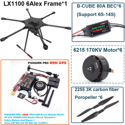 LX1100 PRO M9N Full Carbon Fiber 1100mm Hexa-Rotor Frame B-CUBE 80A ESC PX4 Pixhawk Flight Control Set 6215 Motor