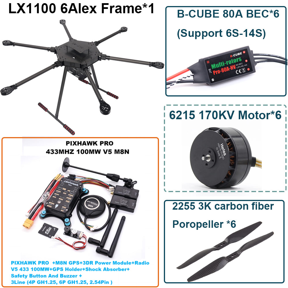 LX1100  PRO M8N Full Carbon Fiber 1100mm Hexa-Rotor Frame B-CUBE 80A ESC PX4 Pixhawk Flight Control Set 6215 Motor