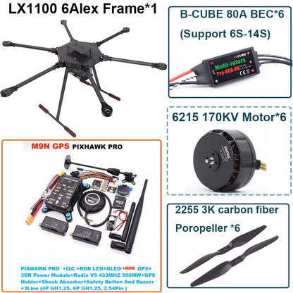 LX1100 PRO M9N Full Carbon Fiber 1100mm Hexa-Rotor Frame B-CUBE 80A ESC PX4 Pixhawk Flight Control Set 6215 Motor