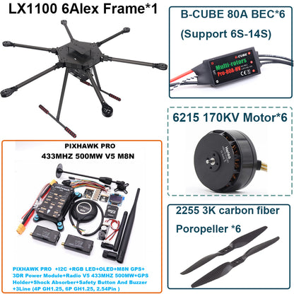 LX1100  PRO M8N Full Carbon Fiber 1100mm Hexa-Rotor Frame B-CUBE 80A ESC PX4 Pixhawk Flight Control Set 6215 Motor