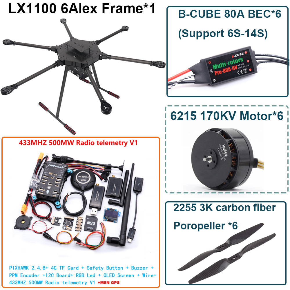 LX1100 Pixhawk 2.4.8 M8N  Flight Control Set  Full Carbon Fiber 1100mm Hexa-Rotor Frame B-CUBE 80A ESC PX4 6215 Motor