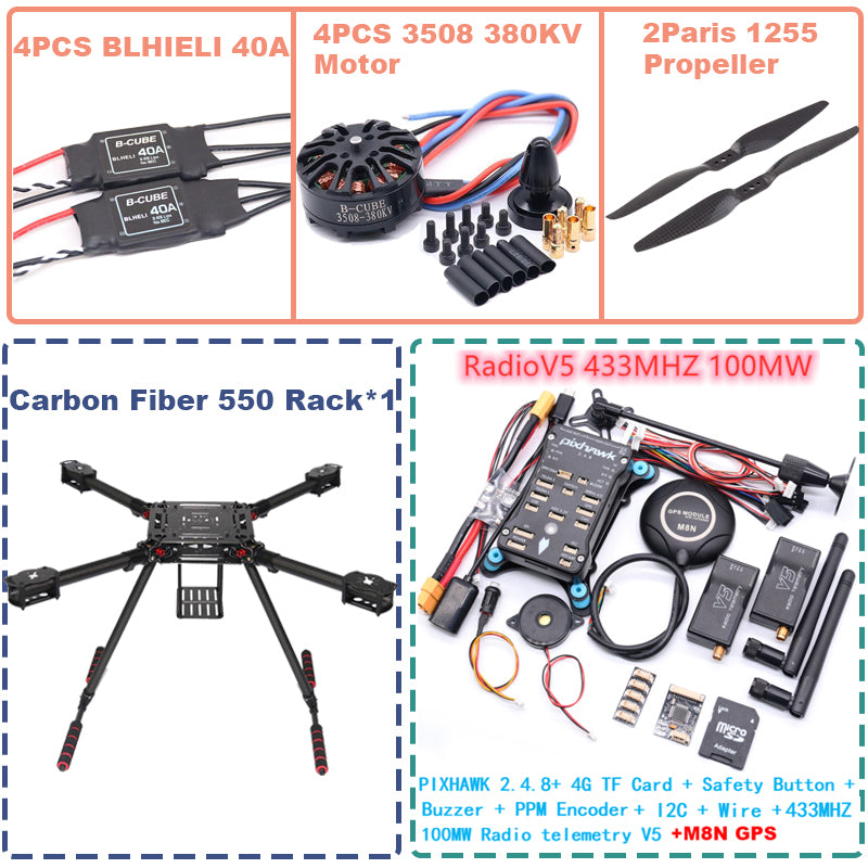 B-CUBE 550 Hexa Frame PIXHAWK2.4.8 M8N Flight Control Carbon Ardupilot Radio Telemetry Quadcopter BLHELI 40A 3508 380KV Motor ESC