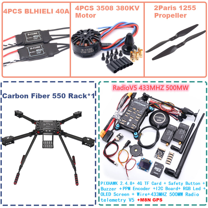 B-CUBE 550 Hexa Frame PIXHAWK2.4.8 M8N Flight Control Carbon Ardupilot Radio Telemetry Quadcopter BLHELI 40A 3508 380KV Motor ESC