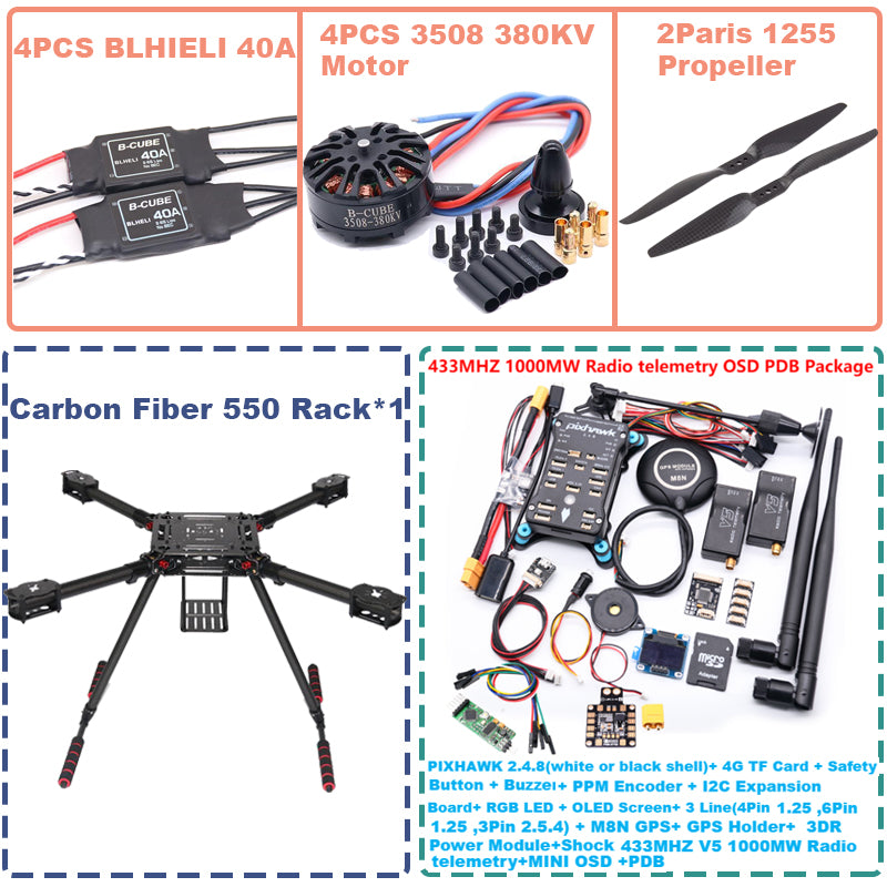 B-CUBE 550 Hexa Frame PIXHAWK2.4.8 M8N Flight Control Carbon Ardupilot Radio Telemetry Quadcopter BLHELI 40A 3508 380KV Motor ESC