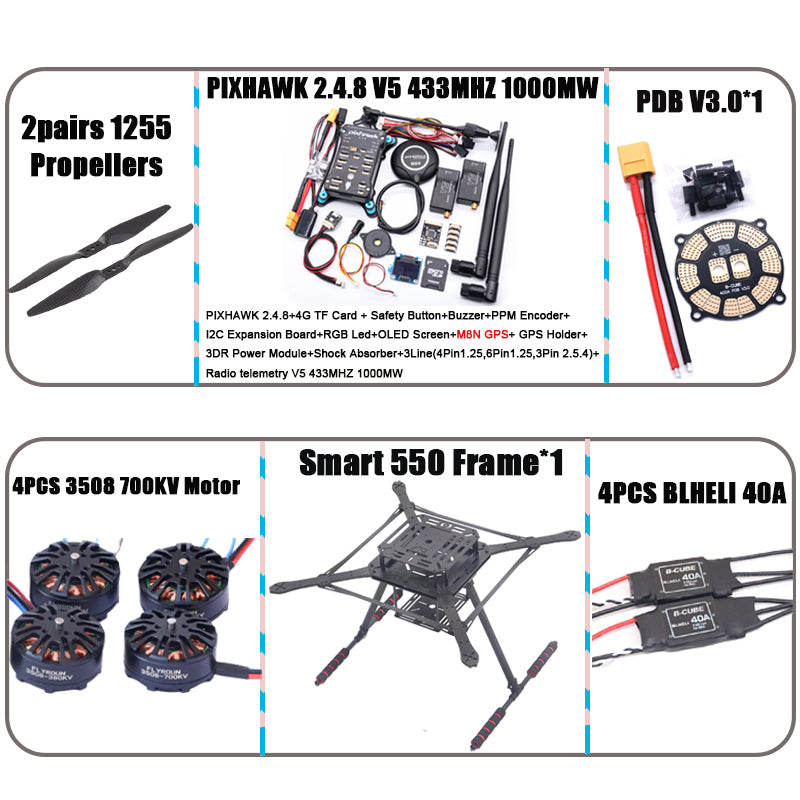 PIXHAWK2.4.8 Flight Control Carbon Fiber Smart550 Frame Kit Ardupilot 100MW Radio Telemetry Quadcopter BLHELI 30A ESC 2212 Motor