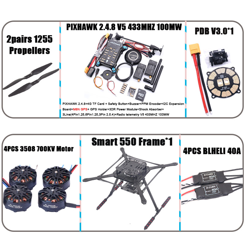 PIXHAWK2.4.8 Flight Control Carbon Fiber Smart550 Frame Kit Ardupilot 100MW Radio Telemetry Quadcopter BLHELI 30A ESC 2212 Motor