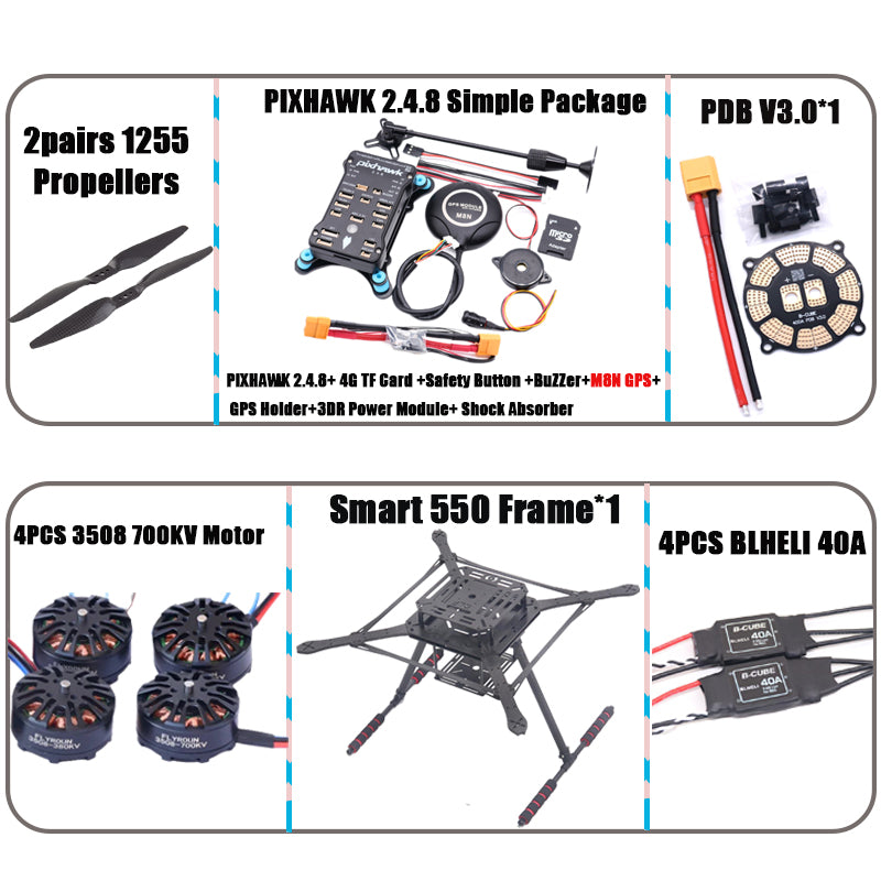 PIXHAWK2.4.8 Flight Control Carbon Fiber Smart550 Frame Kit Ardupilot 100MW Radio Telemetry Quadcopter BLHELI 30A ESC 2212 Motor