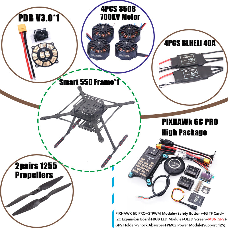 PIXHAWK2.4.8 Flight Control Carbon Fiber Smart550 Frame Kit Ardupilot 100MW Radio Telemetry Quadcopter BLHELI 30A ESC 2212 Motor