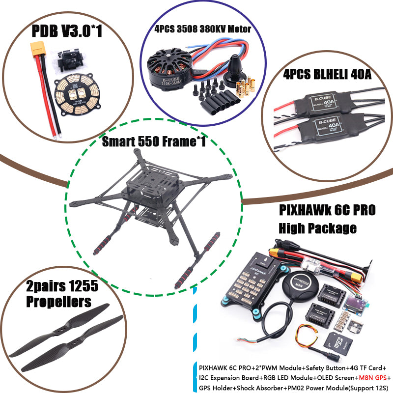 B-CUBE PIXHAWK2.4.8 Flight Control Carbon Fiber Smart550 Frame Kit Ardupilot 100MW Radio Telemetry Quadcopter BLHELI 30A ESC 2212 Motor
