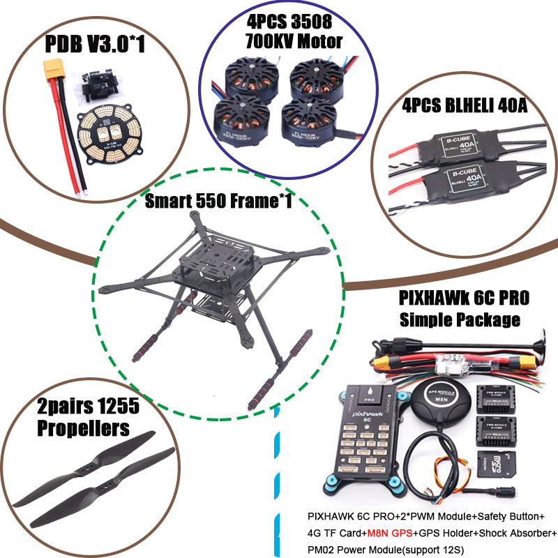 PIXHAWK2.4.8 Flight Control Carbon Fiber Smart550 Frame Kit Ardupilot 100MW Radio Telemetry Quadcopter BLHELI 30A ESC 2212 Motor