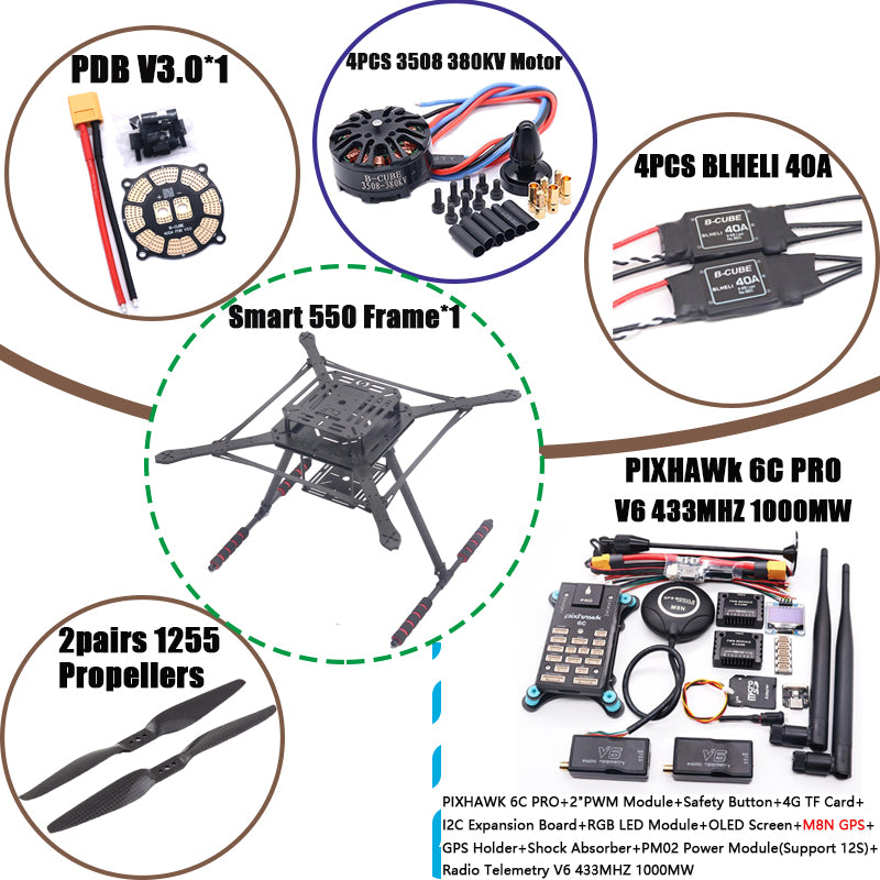 B-CUBE PIXHAWK2.4.8 Flight Control Carbon Fiber Smart550 Frame Kit Ardupilot 100MW Radio Telemetry Quadcopter BLHELI 30A ESC 2212 Motor