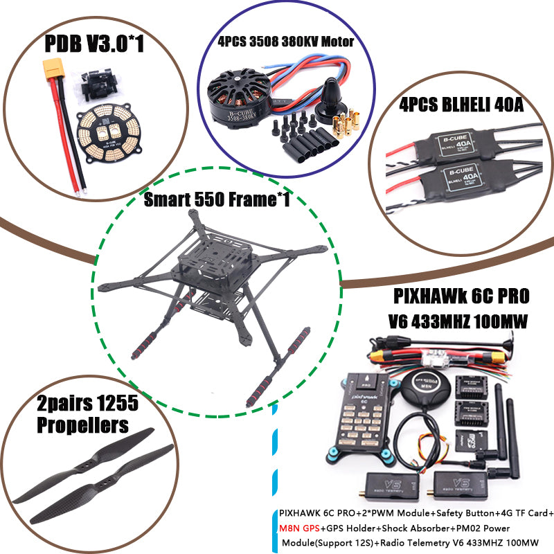 B-CUBE PIXHAWK2.4.8 Flight Control Carbon Fiber Smart550 Frame Kit Ardupilot 100MW Radio Telemetry Quadcopter BLHELI 30A ESC 2212 Motor