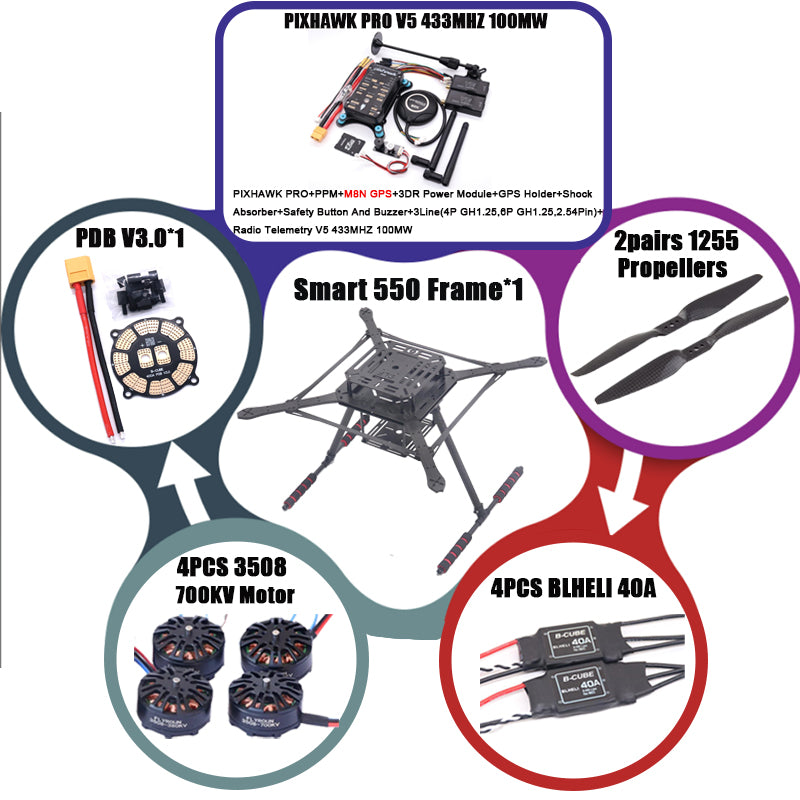 PIXHAWK2.4.8 Flight Control Carbon Fiber Smart550 Frame Kit Ardupilot 100MW Radio Telemetry Quadcopter BLHELI 30A ESC 2212 Motor