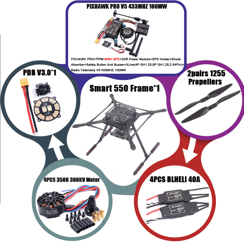 B-CUBE PIXHAWK2.4.8 Flight Control Carbon Fiber Smart550 Frame Kit Ardupilot 100MW Radio Telemetry Quadcopter BLHELI 30A ESC 2212 Motor