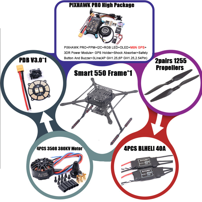 B-CUBE PIXHAWK2.4.8 Flight Control Carbon Fiber Smart550 Frame Kit Ardupilot 100MW Radio Telemetry Quadcopter BLHELI 30A ESC 2212 Motor