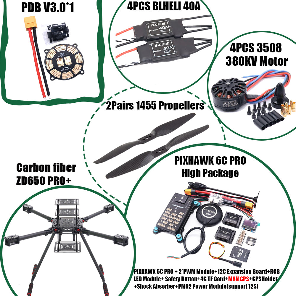 B-CUBE ZD650 PRO+ 650mm Ardupilot Pixhawk Carbon fiber Quadcopter Frame FPV Quad with Carbon Fiber Landing Skid Motor 40A ESC