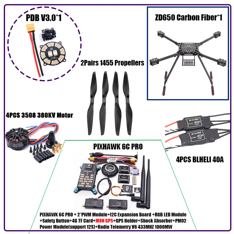 RCtoSky ZD550 550mm/ZD650 650mm Carbon fiber Quadcopter Frame FPV Quad with Carbon Fiber Landing Skid F550