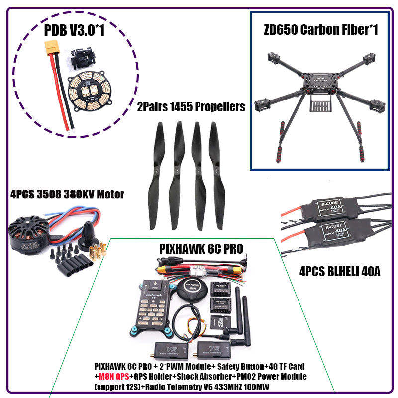 RCtoSky ZD550 550mm/ZD650 650mm Carbon fiber Quadcopter Frame FPV Quad with Carbon Fiber Landing Skid F550
