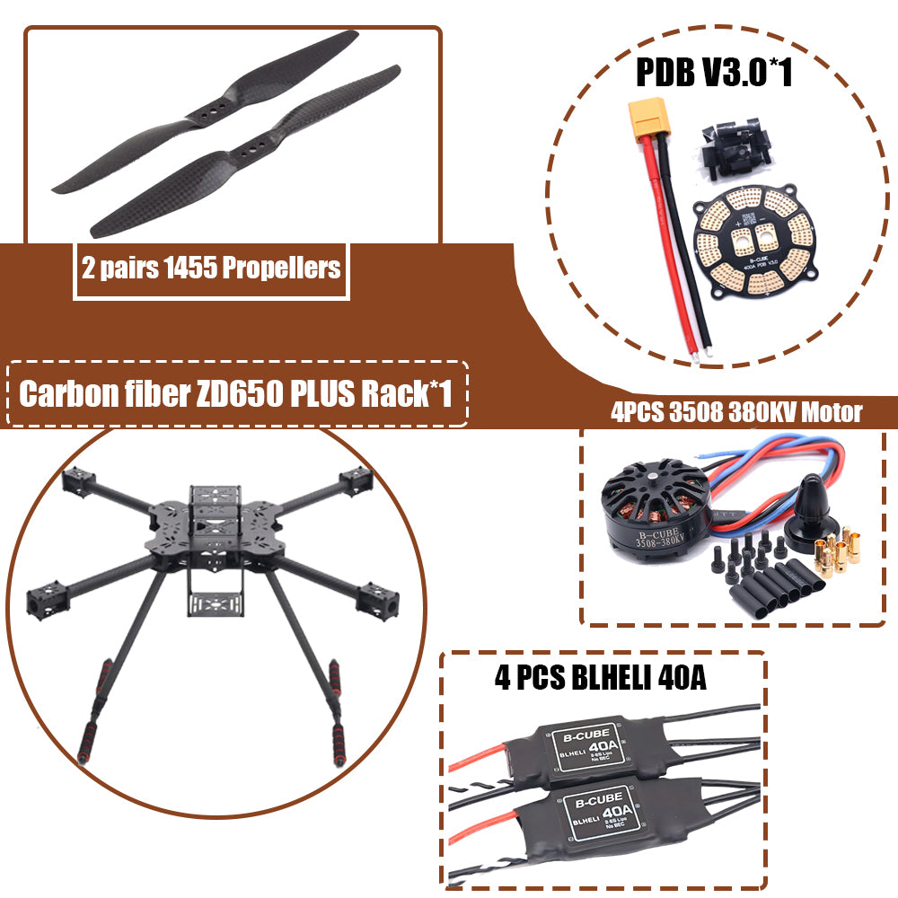 B-CUBE ZD650 PLUS 650mm Ardupilot Pixhawk Carbon fiber Quadcopter Frame FPV Quad with Carbon Fiber Landing Skid Motor ESC 40A