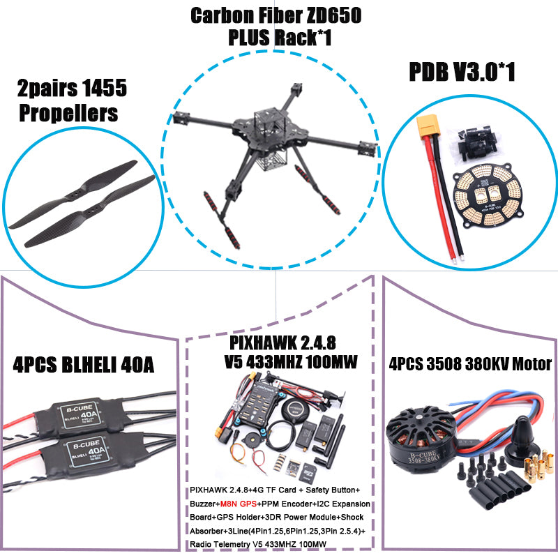 B-CUBE ZD650 PLUS 650mm Ardupilot Pixhawk Carbon fiber Quadcopter Frame FPV Quad with Carbon Fiber Landing Skid Motor ESC 40A