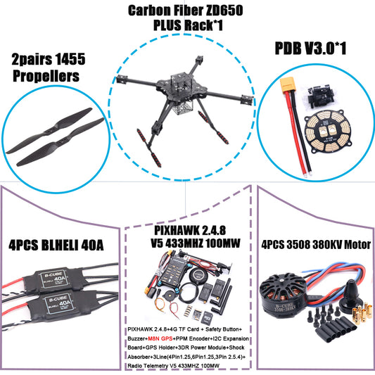 B-CUBE ZD650 PLUS 650mm Ardupilot Pixhawk Carbon fiber Quadcopter Frame FPV Quad with Carbon Fiber Landing Skid Motor ESC 40A