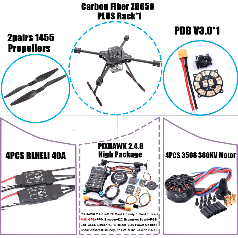 B-CUBE ZD650 PLUS 650mm Ardupilot Pixhawk Carbon fiber Quadcopter Frame FPV Quad with Carbon Fiber Landing Skid Motor ESC 40A