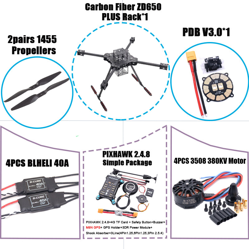 B-CUBE ZD650 PLUS 650mm Ardupilot Pixhawk Carbon fiber Quadcopter Frame FPV Quad with Carbon Fiber Landing Skid Motor ESC 40A