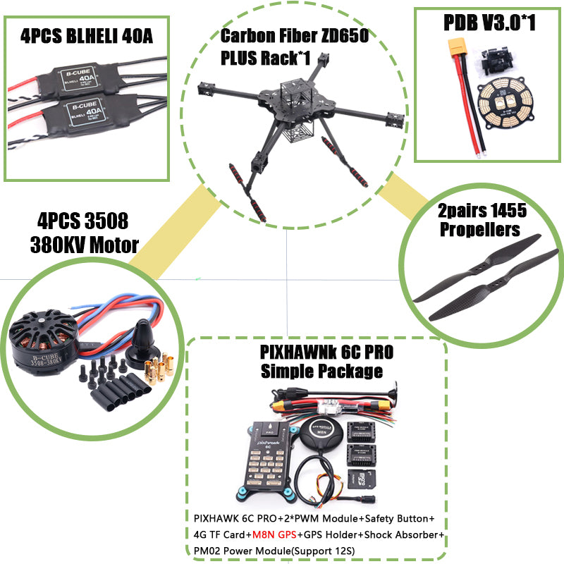 B-CUBE ZD650 PLUS 650mm Ardupilot Pixhawk Carbon fiber Quadcopter Frame FPV Quad with Carbon Fiber Landing Skid Motor ESC 40A