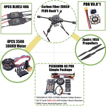 B-CUBE ZD650 PLUS 650mm Ardupilot Pixhawk Carbon fiber Quadcopter Frame FPV Quad with Carbon Fiber Landing Skid Motor ESC 40A