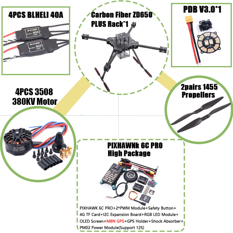 B-CUBE ZD650 PLUS 650mm Ardupilot Pixhawk Carbon fiber Quadcopter Frame FPV Quad with Carbon Fiber Landing Skid Motor ESC 40A