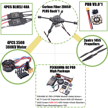 B-CUBE ZD650 PLUS 650mm Ardupilot Pixhawk Carbon fiber Quadcopter Frame FPV Quad with Carbon Fiber Landing Skid Motor ESC 40A