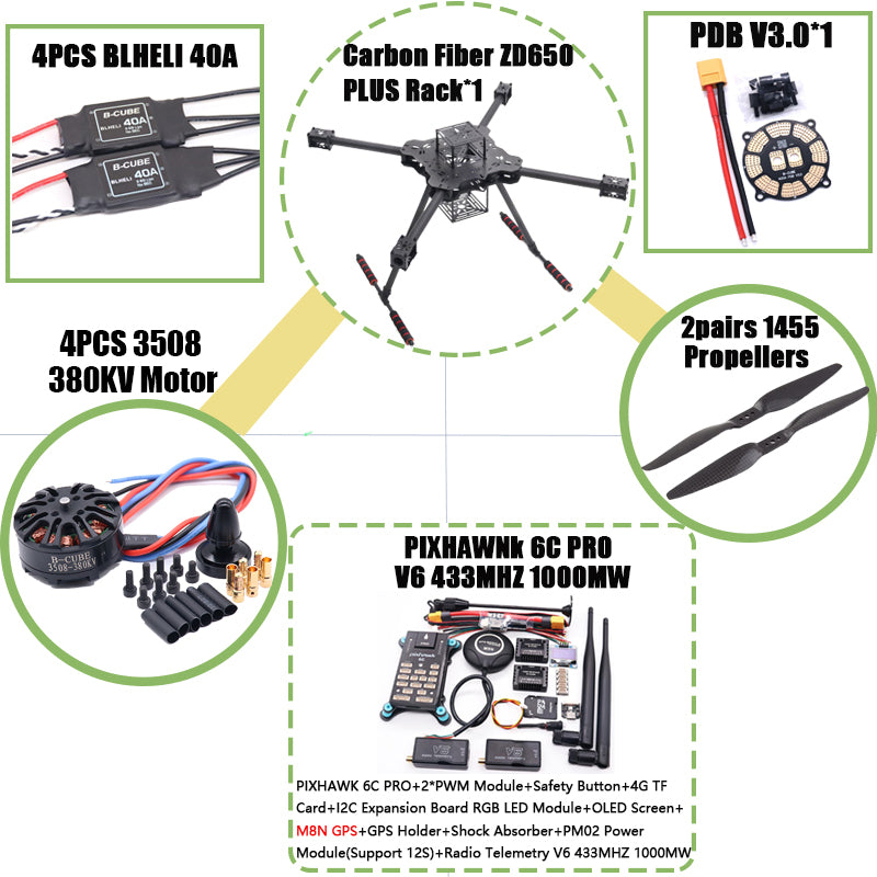 B-CUBE ZD650 PLUS 650mm Ardupilot Pixhawk Carbon fiber Quadcopter Frame FPV Quad with Carbon Fiber Landing Skid Motor ESC 40A
