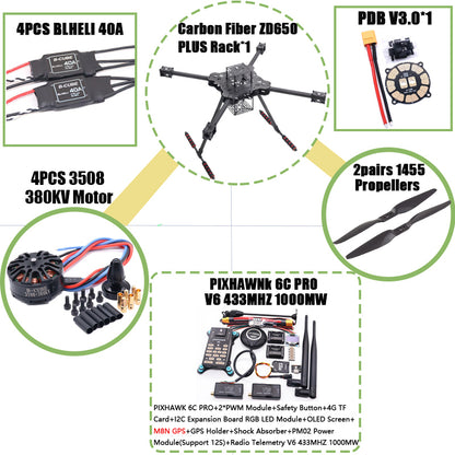 B-CUBE ZD650 PLUS 650mm Ardupilot Pixhawk Carbon fiber Quadcopter Frame FPV Quad with Carbon Fiber Landing Skid Motor ESC 40A