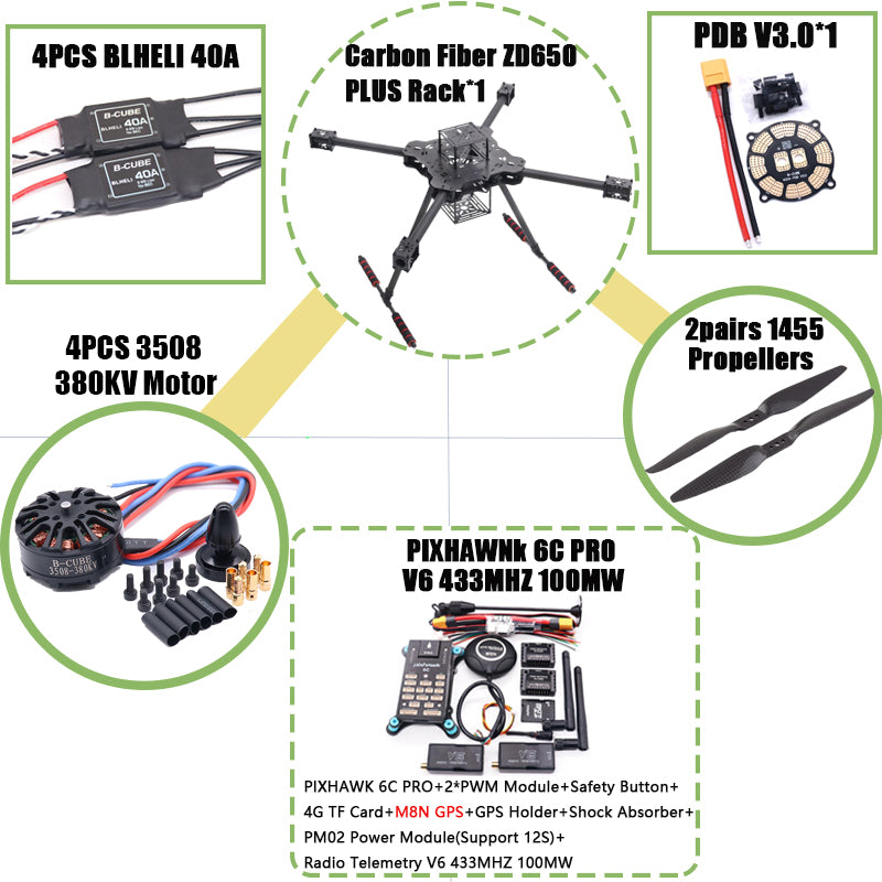 B-CUBE ZD650 PLUS 650mm Ardupilot Pixhawk Carbon fiber Quadcopter Frame FPV Quad with Carbon Fiber Landing Skid Motor ESC 40A