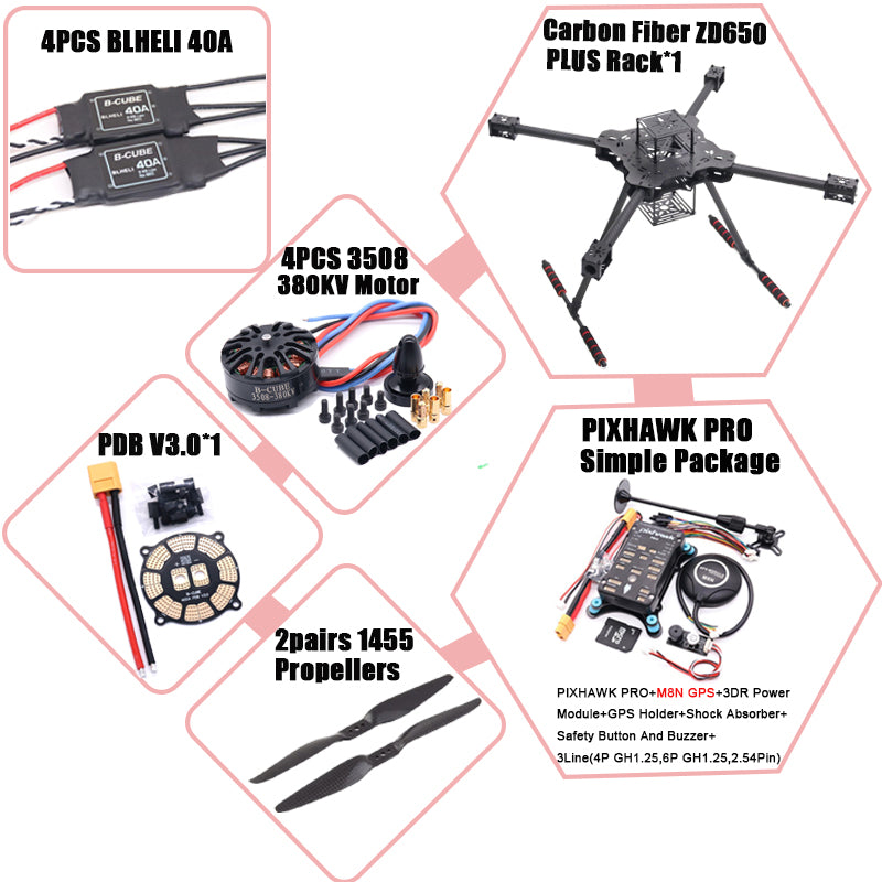 B-CUBE ZD650 PLUS 650mm Ardupilot Pixhawk Carbon fiber Quadcopter Frame FPV Quad with Carbon Fiber Landing Skid Motor ESC 40A