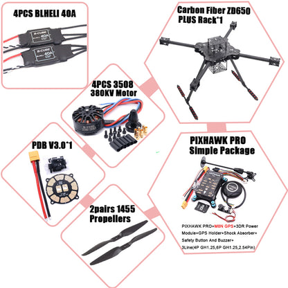 B-CUBE ZD650 PLUS 650mm Ardupilot Pixhawk Carbon fiber Quadcopter Frame FPV Quad with Carbon Fiber Landing Skid Motor ESC 40A
