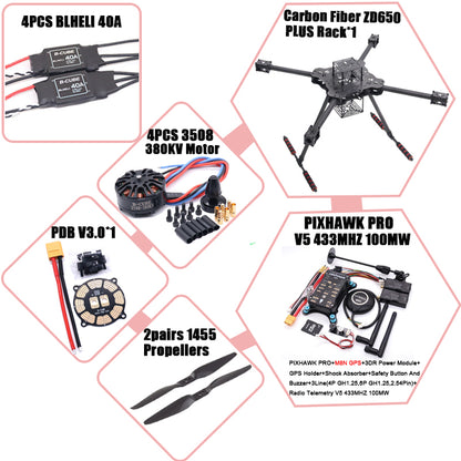 B-CUBE ZD650 PLUS 650mm Ardupilot Pixhawk Carbon fiber Quadcopter Frame FPV Quad with Carbon Fiber Landing Skid Motor ESC 40A