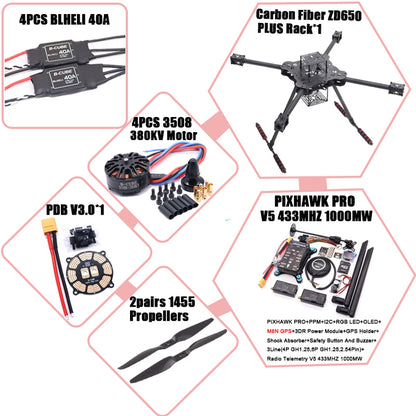 B-CUBE ZD650 PLUS 650mm Ardupilot Pixhawk Carbon fiber Quadcopter Frame FPV Quad with Carbon Fiber Landing Skid Motor ESC 40A