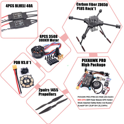 B-CUBE ZD650 PLUS 650mm Ardupilot Pixhawk Carbon fiber Quadcopter Frame FPV Quad with Carbon Fiber Landing Skid Motor ESC 40A