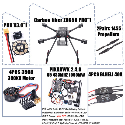 B-CUBE ZD650 PRO 650mm Ardupilot Pixhawk Carbon fiber Quadcopter Frame FPV Quad with Carbon Fiber Landing Skid Motor ESC 40A