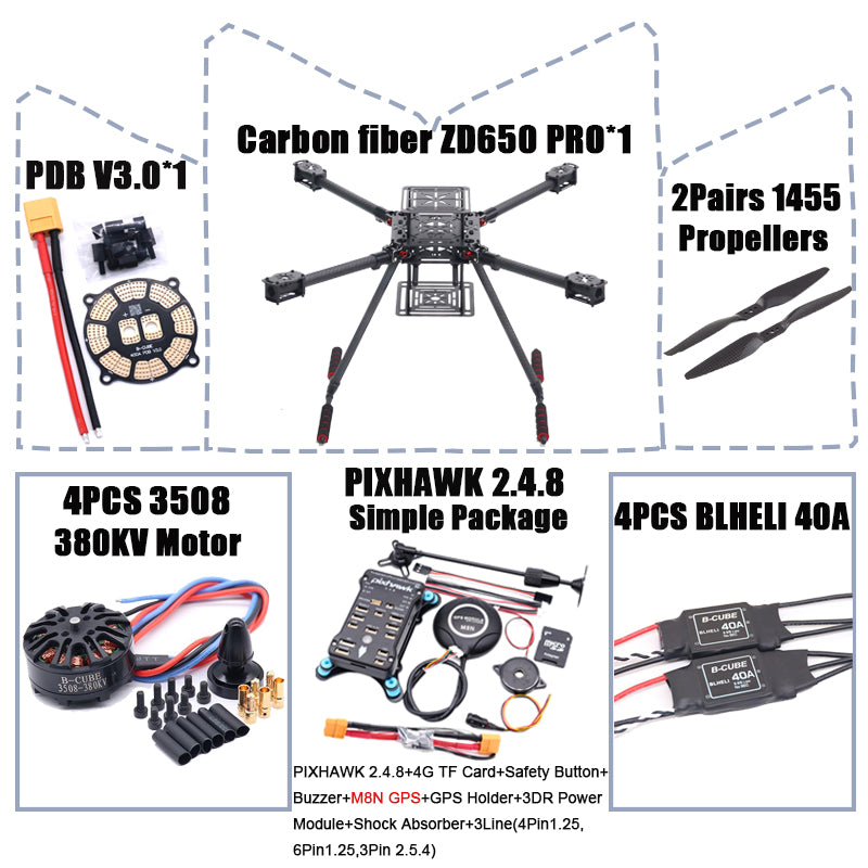 RCtoSky ZD650 PRO 650mm Ardupilot Pixhawk Carbon fiber Quadcopter Frame FPV Quad with Carbon Fiber Landing Skid Motor ESC 40A