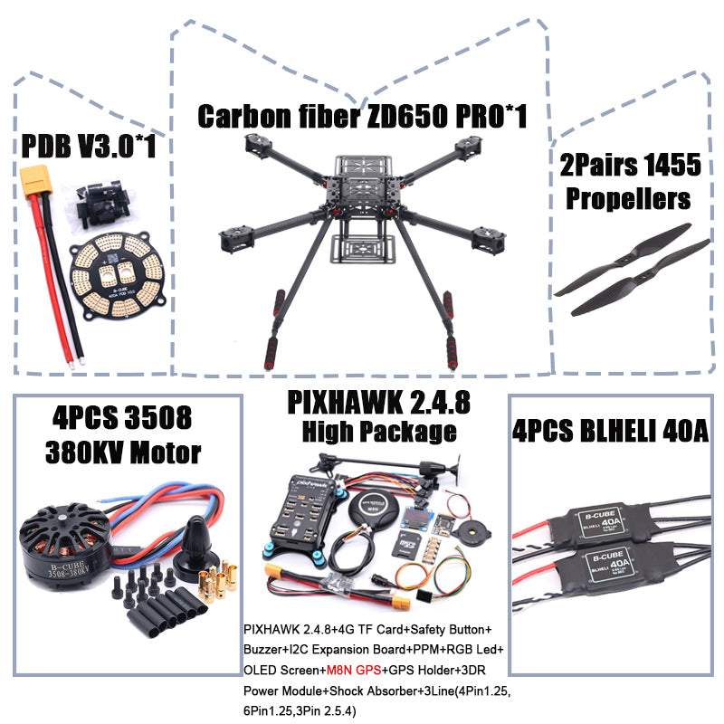RCtoSky ZD650 PRO 650mm Ardupilot Pixhawk Carbon fiber Quadcopter Frame FPV Quad with Carbon Fiber Landing Skid Motor ESC 40A