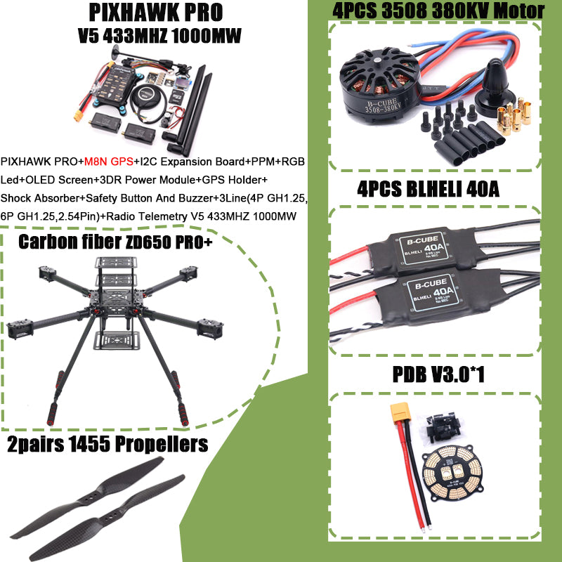 B-CUBE ZD650 PRO+ 650mm Ardupilot Pixhawk Carbon fiber Quadcopter Frame FPV Quad with Carbon Fiber Landing Skid Motor 40A ESC