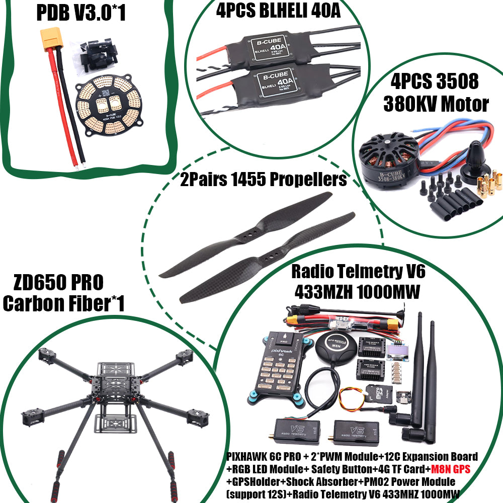 RCtoSky ZD650 PRO 650mm Ardupilot Pixhawk Carbon fiber Quadcopter Frame FPV Quad with Carbon Fiber Landing Skid Motor ESC 40A