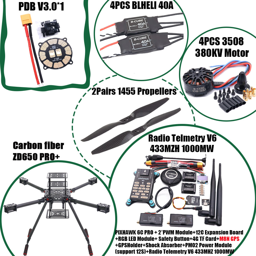 B-CUBE ZD650 PRO+ 650mm Ardupilot Pixhawk Carbon fiber Quadcopter Frame FPV Quad with Carbon Fiber Landing Skid Motor 40A ESC