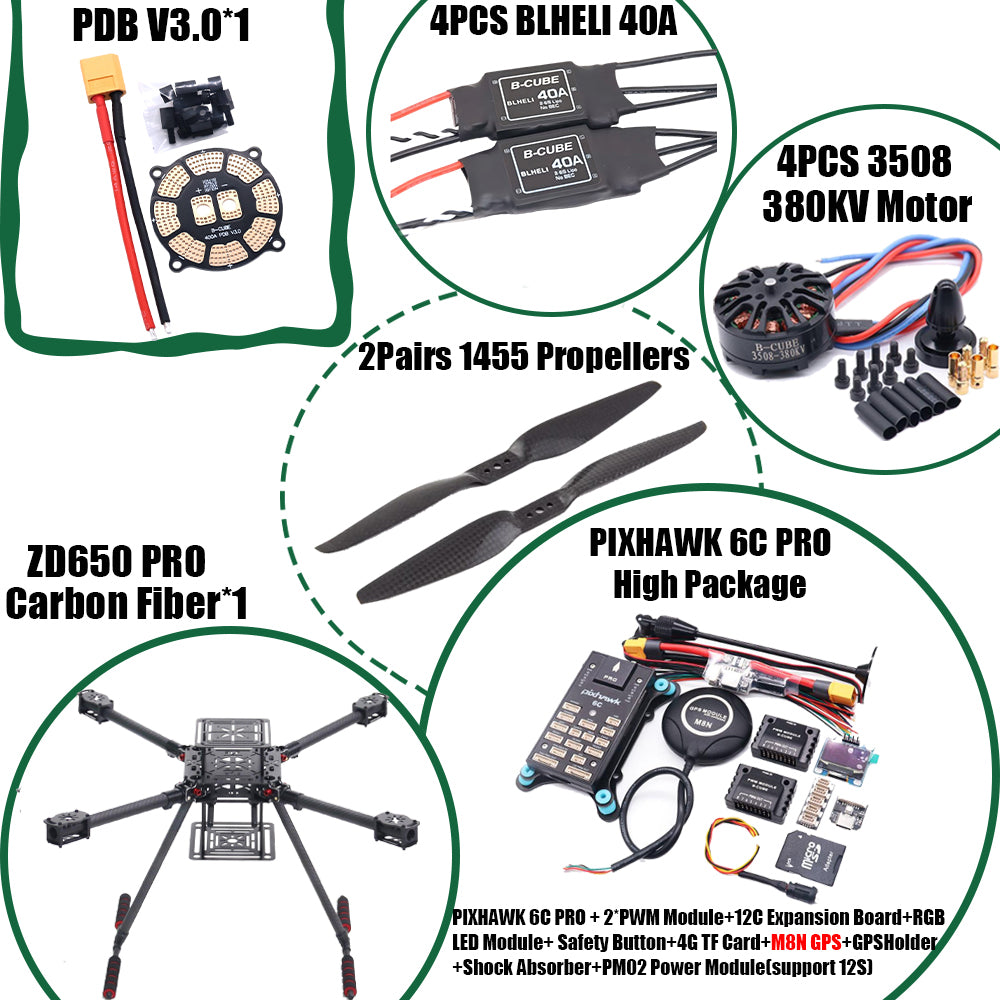 RCtoSky ZD650 PRO 650mm Ardupilot Pixhawk Carbon fiber Quadcopter Frame FPV Quad with Carbon Fiber Landing Skid Motor ESC 40A