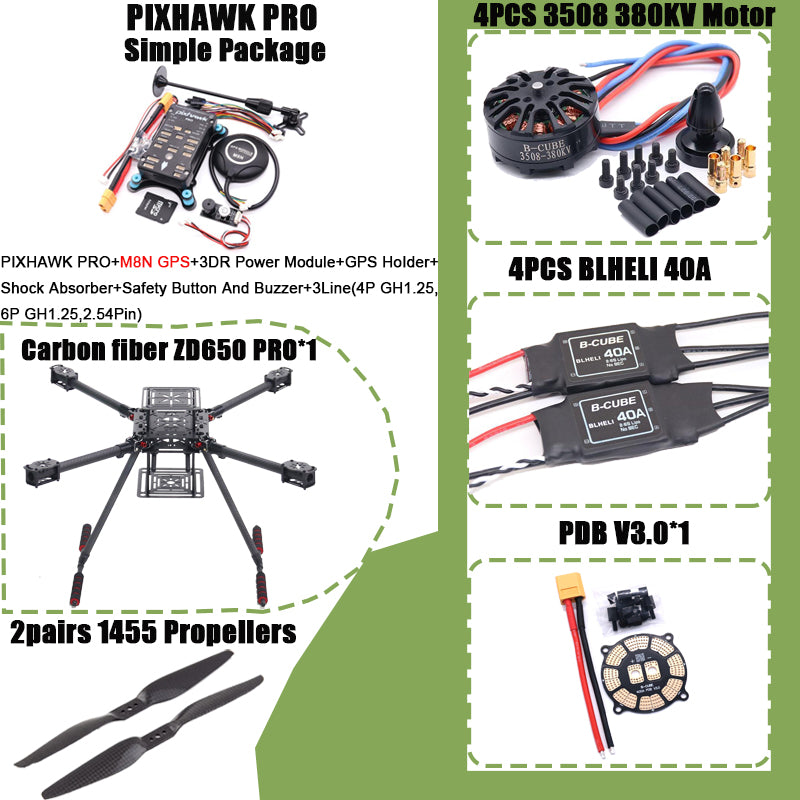 RCtoSky ZD650 PRO 650mm Ardupilot Pixhawk Carbon fiber Quadcopter Frame FPV Quad with Carbon Fiber Landing Skid Motor ESC 40A